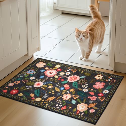 Puremy Schmutzfangmatte Innen, Waschbarer Fussmatte, Blumenmuster, Vintage Teppiche, Niedriger Flor, rutschfest, Weiche, Eingangstürmatte für Flur Eingangsbereich Küche, 66x100cm, Schwarz von Puremy