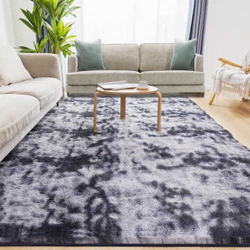 Puremy Wohnzimmerteppich, Hochflor Teppiche Wohnzimmer Deko Flauschiger Weich Waschbarer & Anti-Rutsch Modern Shaggy Teppich für Schlafzimmer, Kinderzimmer, 160x220cm, Tie-Dye Dunkelgrau von Puremy
