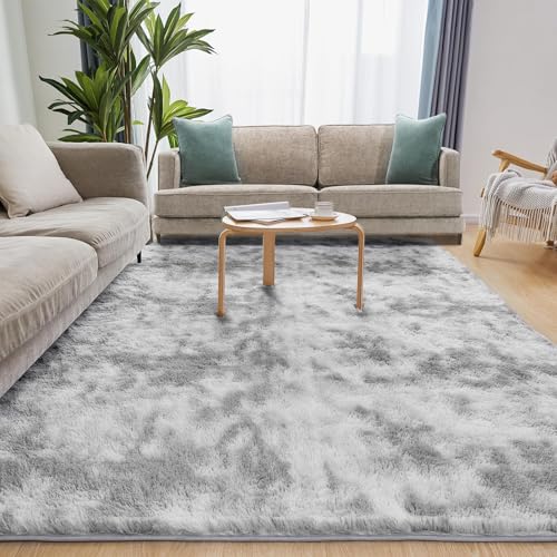 Puremy Wohnzimmerteppich, Hochflor Teppiche Wohnzimmer Deko Flauschiger Weich Waschbarer & Anti-Rutsch Modern Shaggy Teppich für Schlafzimmer, Kinderzimmer, 120x170cm, Tie-Dye Hellgrau von Puremy