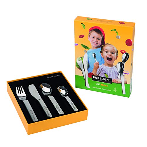 Puresigns ONE Mini glänzend poliert, Besteck personalisiert, Kinderbesteck Set mit Gravur 4tlg. Gravurbesteck mit Name graviert Geschenk zur Geburt Taufe Geburtstag von Puresigns