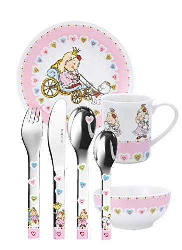 Puresigns ONE Nelia Kinder Geschirr Set Prinzessin Name graviert 7-TLG, Schale, Tasse, Teller, Besteck mit Gravur, Geschenk zur Geburt, Taufe, Schulanfang, Geburtstag von Puresigns