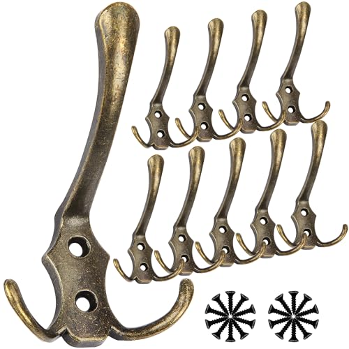 Garderobenhaken Bronze 10 Stück Drei Kleiderhaken Wand Haken zum Schrauben kleiderhaken garderobe mit 20 Schrauben, Metall Wandhaken für Schlafzimmer, Badezimmer, Kleiderschrank, Wohnzimmer, Büro, Tür von PuretéavHom