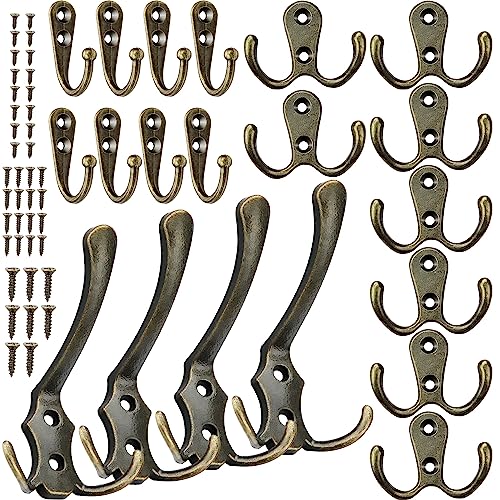 Kleiderhaken Wand 20Pcs Garderobenhaken Vintage 8 Haken zum Schrauben 8 Doppelt Wandhaken 4 Drei Schlüsselhaken Bronze Garderobe Retro mit 40 Schrauben für Bad Küche Büro Tür Schlafzimmer von PuretéavHom