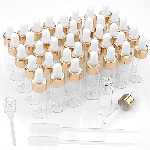 PuretéavHom Mini Pipettenflasche 40 Stk Tropfflasche Glasflasche mit Pipette 5 ml Transparente Dropper Bottle Kleine Fläschchen für Ätherisches Öl, Aromatherapie, Massage, Nagelpflegeöl (Gold) von PuretéavHom