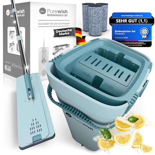 Purewish® Wischmopp Set mit Eimer – extra Lange Stange mit 150 cm - 2-Kammer-System - Bodenwischer Set mit Auswringfunktion | für alle Böden – waschbare Pads von Purewish