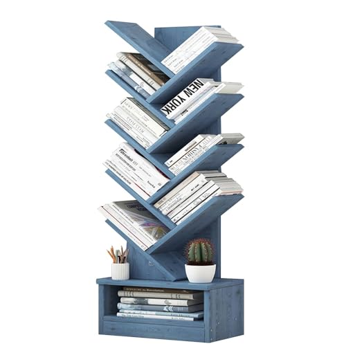 Bücherregal aus Holz, kreative baumförmige Einheit, Bücherregal, Ausstellungsregal, bodenstehendes Lagerregal, Bücherregal, einfach zu montieren, for Zuhause, Büro, Wohnzimmer ( Color : Blue , Size : von PurezmMoto