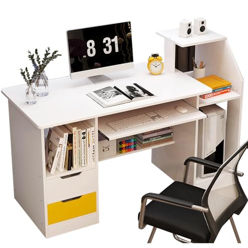 Luxuriöser Computertisch, Schreibtisch, Holz-Multifunktions-Heim-Gaming-Schreibtisch mit verschiebbarer Tastaturablage, Bücherregal und Schublade, einfach zu montieren for das Heimbüro ( Color : White von PurezmMoto