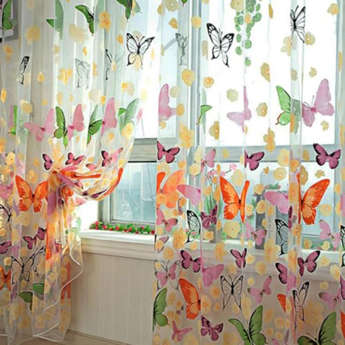 Purfresh 2er Vorhang Transparent, 200x100cm Gardinen Schmetterling Muster Fenstersiebung für Küche Schlafzimmer Wohnzimmer Gardine für Schlafzimmer Wohnzimmer von Purfresh