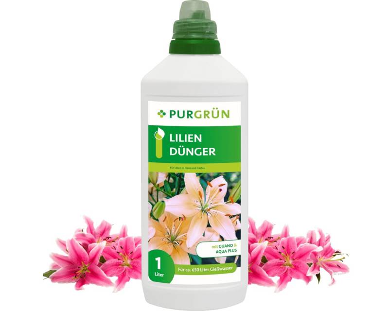 Purgrün Blumendünger Purgrün Lilien Dünger, NPK 8+8+6, Guano, Blütenpflege, 1L, Flüssigdünger, Fördert die Wasseraufnahme mit Aqua Plus von Purgrün