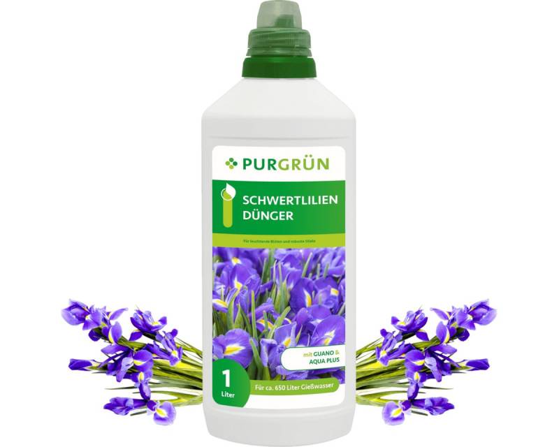 Purgrün Blumendünger Purgrün Schwertlilien Dünger, NPK 8+8+6, für Blütenbildung, 1L, Flüssigdünger, Fördert die Wasseraufnahme mit Aqua Plus von Purgrün