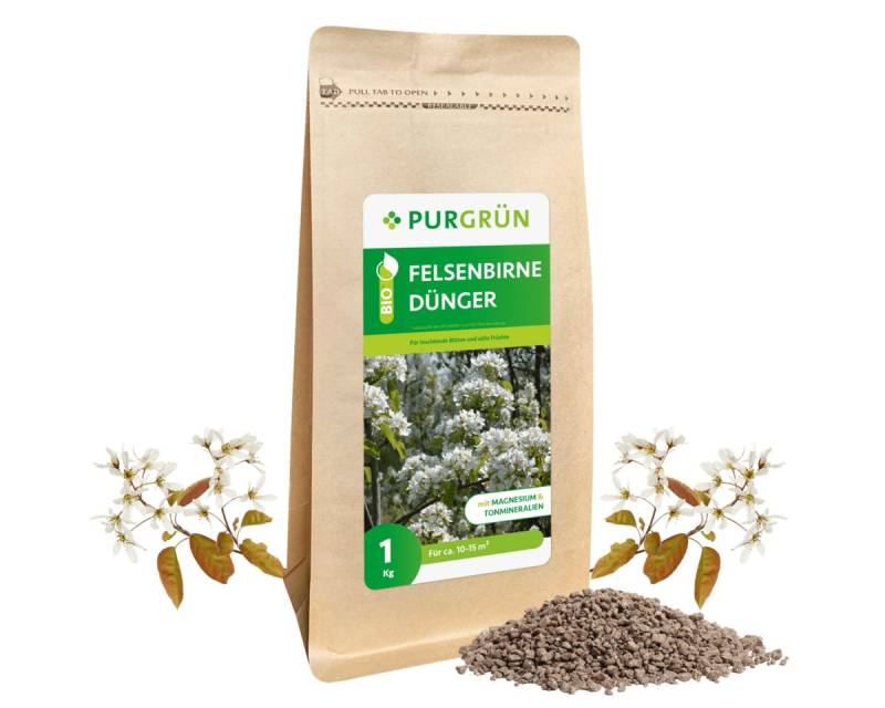 Purgrün Gartendünger Purgrün Bio Felsenbirne Dünger, NPK 6+3+8, Magnesium, 1 kg, Bio-Krümelgranulat, Natürliche Sofort- und Langzeitwirkung von Purgrün