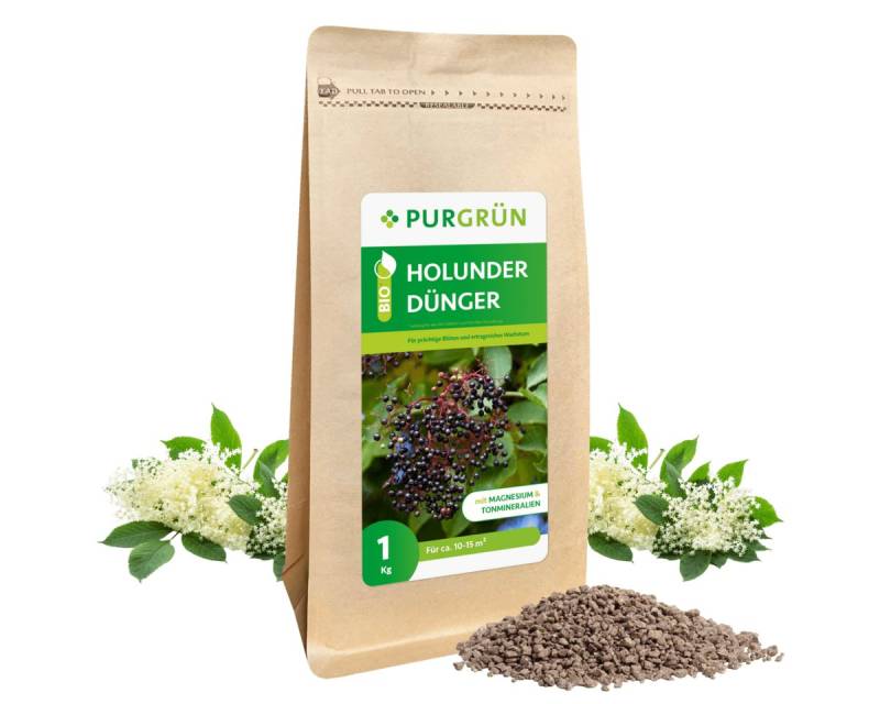 Purgrün Gartendünger Purgrün Bio Holunder Dünger, NPK 6+3+8, Magnesium, 1 kg, Bio-Krümelgranulat, Natürliche Sofort- und Langzeitwirkung von Purgrün