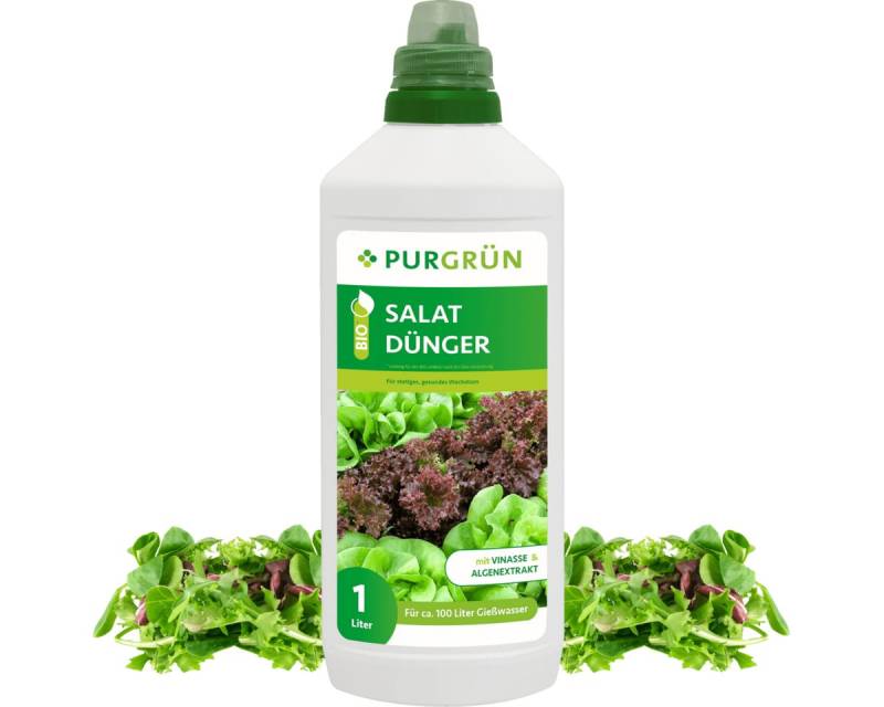 Purgrün Gemüsedünger Purgrün Bio Salat Dünger, NPK 4+1+7, Algenextrakt, 1 Liter, Flüssigdünger, extra Kalium fördert die Widerstandskraft von Purgrün