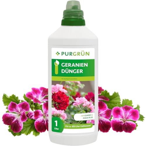 Purgrün Geraniendünger | Mineralischer Flüssigdünger für prächtige Blüten & gesunde Pflanzen | Mit Guano & Aqua Plus | Chloridarm | 1 Liter von Purgrün