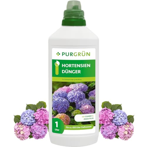 Purgrün Hortensiendünger | Wunderelixier für Farbexplosion & Vitalität | Organisch-Mineralisch mit Guano & Aqua Plus | Profi Dünger, chloridarm | 1 Liter von Purgrün