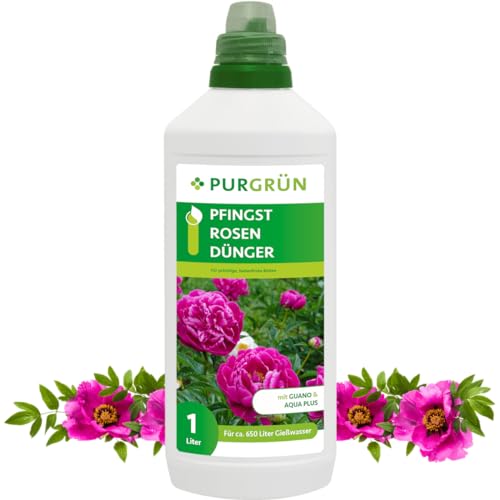 Purgrün Pfingstrosen Dünger | Mineralischer Flüssigdünger für prächtige Blüten | Mit Guano & Aqua Plus | Profi Dünger, chloridarm | Für blühenden Pfingstrosen | 1 Liter von Purgrün