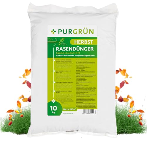 Purgrün® Herbstrasendünger 10 kg für 250 m² – Extra Kalium schützt vor Frostschäden – Zuverlässige Sofort- und Langzeitwirkung – Organisch-mineralische Rezeptur – NPK 6+3+13 von Purgrün
