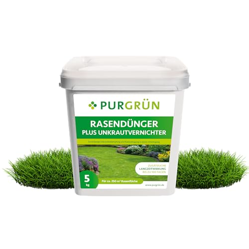 Purgrün® Rasendünger mit Unkrautvernichter 5 kg – Schnell wirksame mineralische Rezeptur – Kombi-Wirkstoff gegen Unkraut – NPK 22+5+5 – 100 Tage Langzeitwirkung – Profi-Qualität – Für jeden Rasen von Purgrün