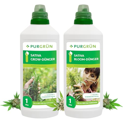 Purgrün® Sativa-Dünger-Set 2 x 1 Liter – Schnell wirksame mineralische Rezeptur – Vollspektrum-Nährstoffe für Wachstum & Blüte – Flüssigdünger Indoor & Outdoor – Hohes Wachstum & prächtige Blüten von Purgrün