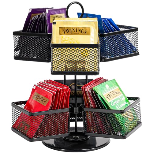 Puricon 2 Etagen Drehbar Teebox Teebeutel Organizer, Abnehmbar Teekiste mit 6 Fächern Teebeutel Teehalter, Teebeutelboxen aus Metall, Teeaufbewahrung Tee Aufbewahrungsbox für Tee Beutel Box -Schwarz von Puricon