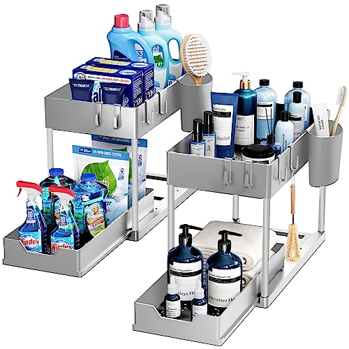 Puricon 2 Set Unter Waschbecken Regal, 2 Etagen Standregal Küche Arbeitsplatte Regal Organizer, Mehrfunktional Küchenregal Gewürzregal Unterschrankregal Spülschrankregal -Grau von Puricon