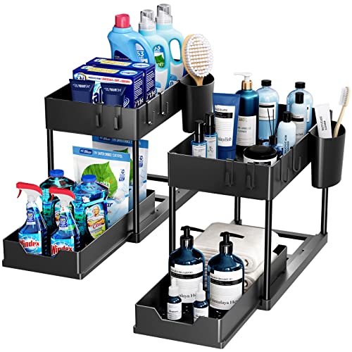 Puricon 2 Set Unter Waschbecken Regal, 2 Etagen Standregal Küche Arbeitsplatte Regal Organizer, Mehrfunktional Küchenregal Gewürzregal Unterschrankregal Spülschrankregal -Schwarz von Puricon