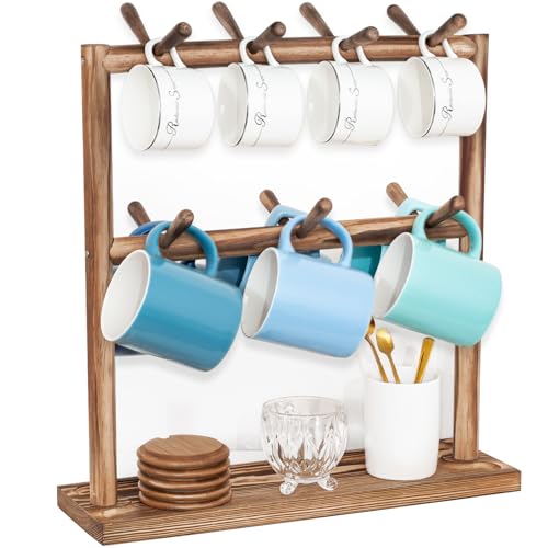 Puricon 2-stöckiger Tassenhalter, Holz-Kaffeetassenständer mit 14 abnehmbaren Haken, Kaffeetasse Kaffeebecher Halter Organizer Aufbewahrung Teetassen Regal für Küche Café Kaffeebar Zubehör von Puricon