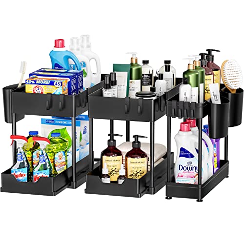 Puricon 3 Stück Ausziehbar Unter Waschbecken Regal, 2 Etagen Standregal Küche Arbeitsplatte Regal Organizer, Mehrfunktional Storage Rack Küchenregal Unterschrankregal Spülschrankregal -Schwarz von Puricon