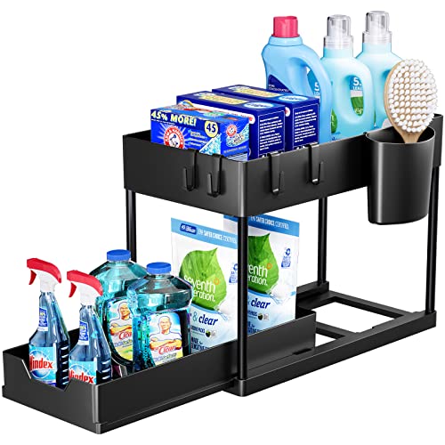 Puricon Unter Waschbecken Regal, 2 Etagen Standregal Küche Arbeitsplatte Regal Organizer, Mehrfunktional Küchenregal Gewürzregal Unterschrankregal Spülschrankregal -Schwarz von Puricon