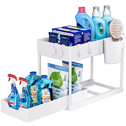 Puricon Unter Waschbecken Regal, 2 Etagen Standregal Küche Arbeitsplatte Regal Organizer, Mehrfunktional Küchenregal Gewürzregal Unterschrankregal Spülschrankregal -Weiß von Puricon