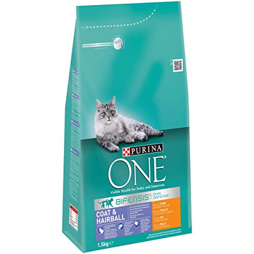 PURINA ONE BIFENSIS Coat and Hairball Katzentrockenfutter: reich an Huhn, für gesunde Haut & Harnwege, schönes Fell, reduziert Haarballenbildung, 3 x 1,5 kg von PURINA ONE