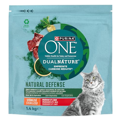 PURINA ONE DualNature Natural Defense Trockenfutter mit Rind für ausgewachsene Katzen, sterilisiert | 1,4 kg Beutel PURINA ONE DualNature Natural Defense Trockenfutter mit Rind für ausgewachsene Katzen, sterilisiert | 1,4 kg Beutel von PURINA ONE