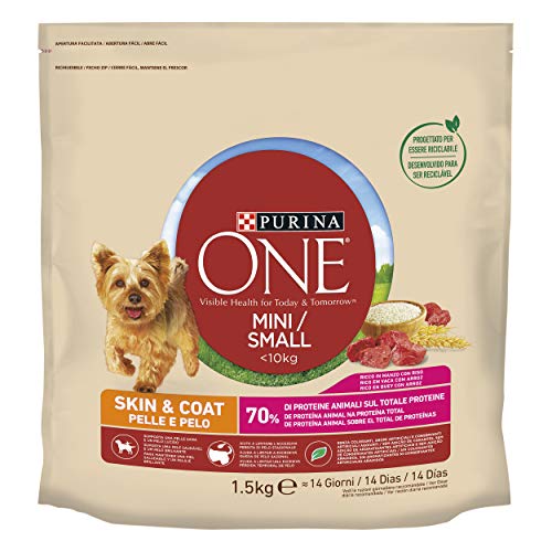 Purina One Mini < 10 kg Leder und Fell Kroketten für kleine Hunde, Rindfleisch und Reis, 6 Packungen mit je 1,5 kg von Purina ONE