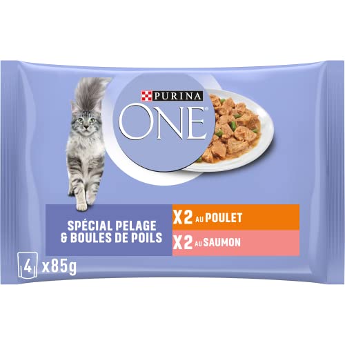 Purina One Spezielles Fell & Kugeln für Haare, mit Huhn und Lachs, 4 x 85 g, Frischebeutel für ausgewachsene Katzen, 12 Stück von PURINA ONE