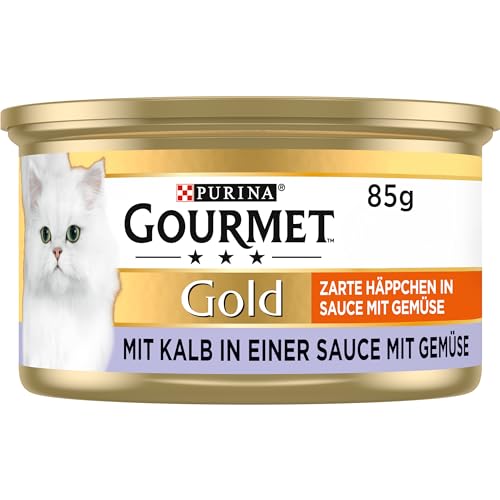 Gourmet Gold Zarte Häppchen in Sauce mit Gemüse Katzenfutter nass, mit Kalb und Gemüse, 12er Pack (12 x 85g) von Gourmet