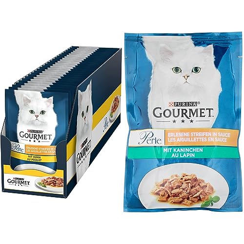 PURINA Gourmet Perle Erlesene Streifen Katzenfutter nass, mit Huhn, 26er Pack (26 x 85g) & PURINA Gourmet Perle Erlesene Streifen Katzenfutter nass, mit Kaninchen, 26er Pack (26 x 85g) von Purina