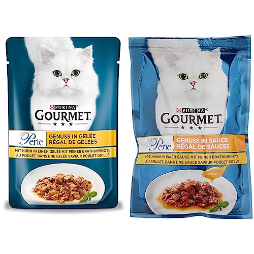 PURINA Gourmet Perle Genuss in Gelee Katzenfutter nass mit Huhn & feiner Brathuhnnote 26er Pack (26 x 85g) & PURINA Gourmet Perle Genuss in Sauce Katzenfutter nass, mit Huhn, 26er Pack (26 x 85g) von Purina