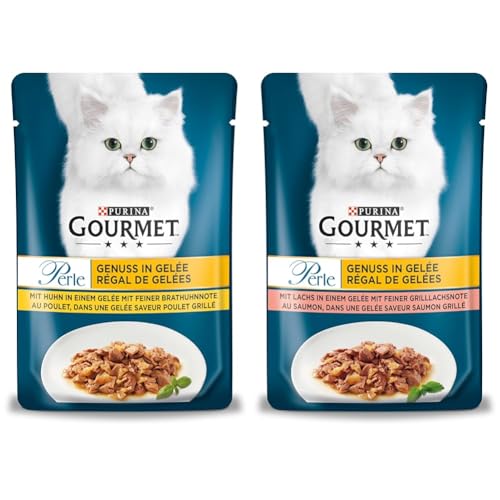 PURINA Gourmet Perle Genuss in Gelee Katzenfutter nass & PURINA Gourmet Perle Genuss in Gelee Katzenfutter nass mit Lachs & feiner Grillachsnote 26er Pack (26 x 85g) von Purina