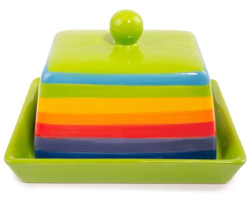 Handbemalte Butterdose aus Keramik mit Deckel, Regenbogenstreifen, Grün von Purity Style