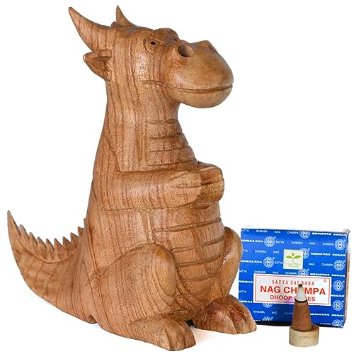 Handgeschnitzter Holzdrachen-Räucherkegel mit 12 Nag Champa Räucherkegeln – Rauchender Drache aus Nasenlöchern von Purity Style