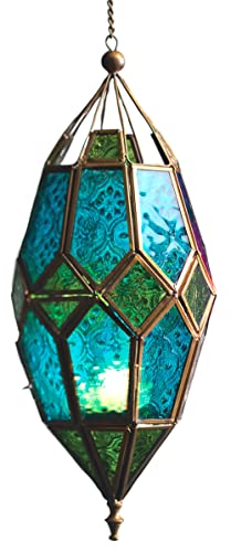 Hängende Glas-Teelicht-Laterne im marokkanischen Stil (groß, grün/blau) von Purity Style