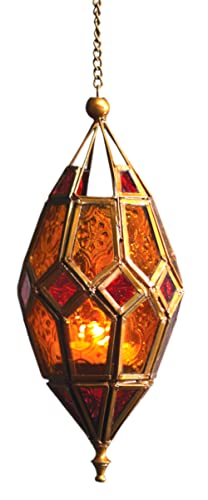 Teelichtlaterne im marokkanischen Stil zum Aufhängen, aus Glas, mittelrot/gelb von Purity Style