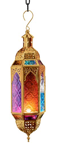 Purity Verzierte Hängelaterne für Teelichter im marokkanischen Stil, mehrfarbiges Glas und goldfarbenes Metall, mittelgroß, 10 x 8,5 x 33,5 cm von Purity