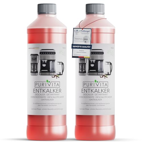 PURIVITA® Universal Entkalker Kaffeevollautomat [2x750ML] - Kaffeemaschinen Entkalker Flüssig - Flüssigentkalker Kaffeemaschine Reiniger - Kalkreiniger Kaffeevollautomaten - Für alle Kaffeeautomaten von Purivita