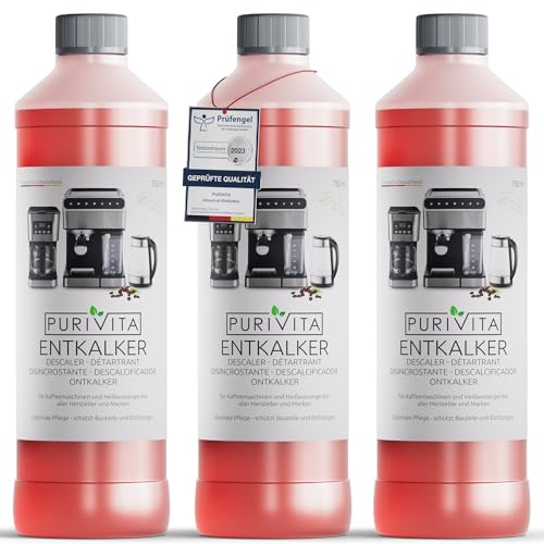 PURIVITA® Universal Entkalker Kaffeevollautomat [3x750ML] - Kaffeemaschinen Entkalker Flüssig - Flüssigentkalker Kaffeemaschine Reiniger - Kalkreiniger Kaffeevollautomaten - Für alle Kaffeeautomaten von Purivita