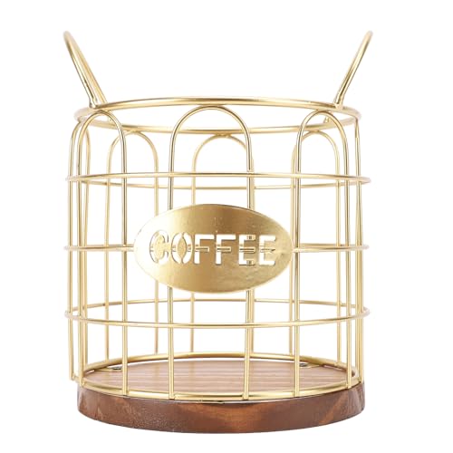 Purokise Kitchen Coffee Box, Wooden Coffee Box Storage Basket, Wooden Base, Wire Basket, Cup Holder, Used For Kitchen Counter And Office Tabletop, Gold Color (golden) von Purokise