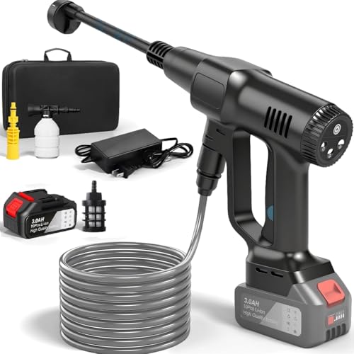 Akku Hochdruckreiniger 21V Max 200Bar, Mobiler Hochdruckreiniger mit 3,0Ah Akku, Pressure Washer mit LCD-Display mit Leistung und 3 Geschwindigkeiten (Schwarz mit 1 Akkus) von Purova