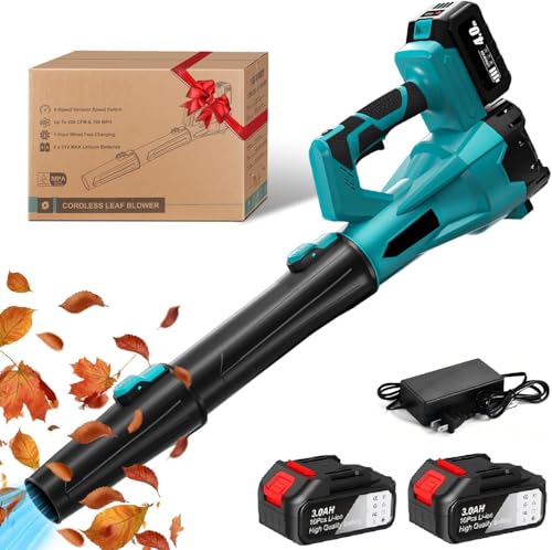 Akku Laubbläser, 21V Elektrischer Laubbläser mit 3,0Ah Akku und Ladegerät, 240 km/h＆6 Gang, Verlängerungsrohr, Kabellos Laubbläser für Staub, Blätter (Blau 6 Gang mit 2Akkus) von Purova