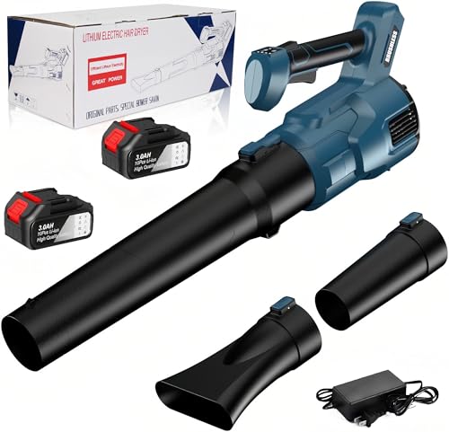 Akku Laubbläser, 21V Elektrischer Laubbläser mit 3,0Ah Akku und Ladegerät, 3 Gang/257KM/h, 2 Düsenabschnitte, Kabellos Laubbläser für Staub, Blätter (3 Gang mit 2Akkus) von Purova