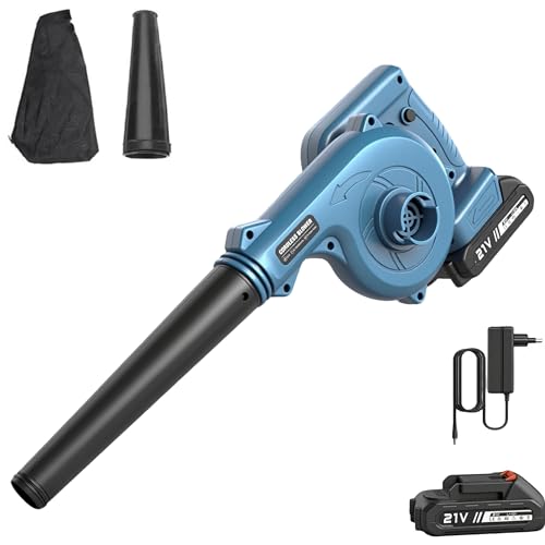 Laubbläser Akku, 2 In 1 Elektrischer Laubbläser mit 1,5Ah Akku und Ladegerät, 3,6M/Min, 70CFM Luftdurchsatz für Rasenpflege, Terrasse, Garten, Haus, Lager (Blau mit 1 Akku) von Purova